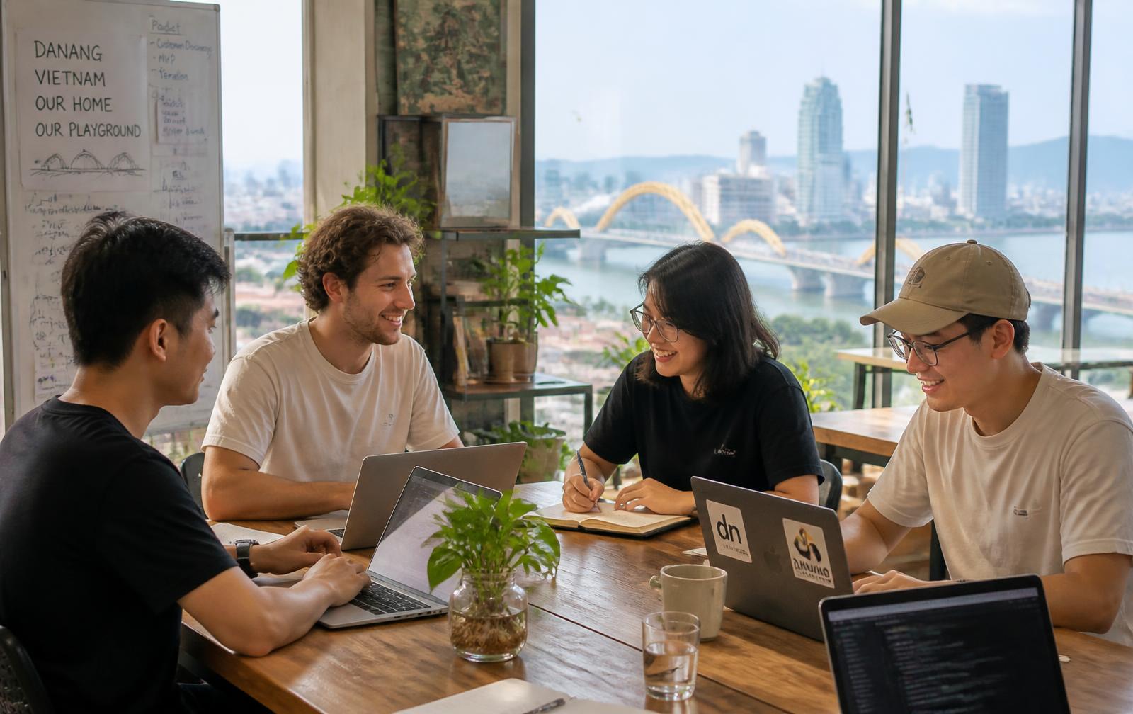International and Vietnamese founders working together in a modern Da Nang coworking space overlooking the Han River